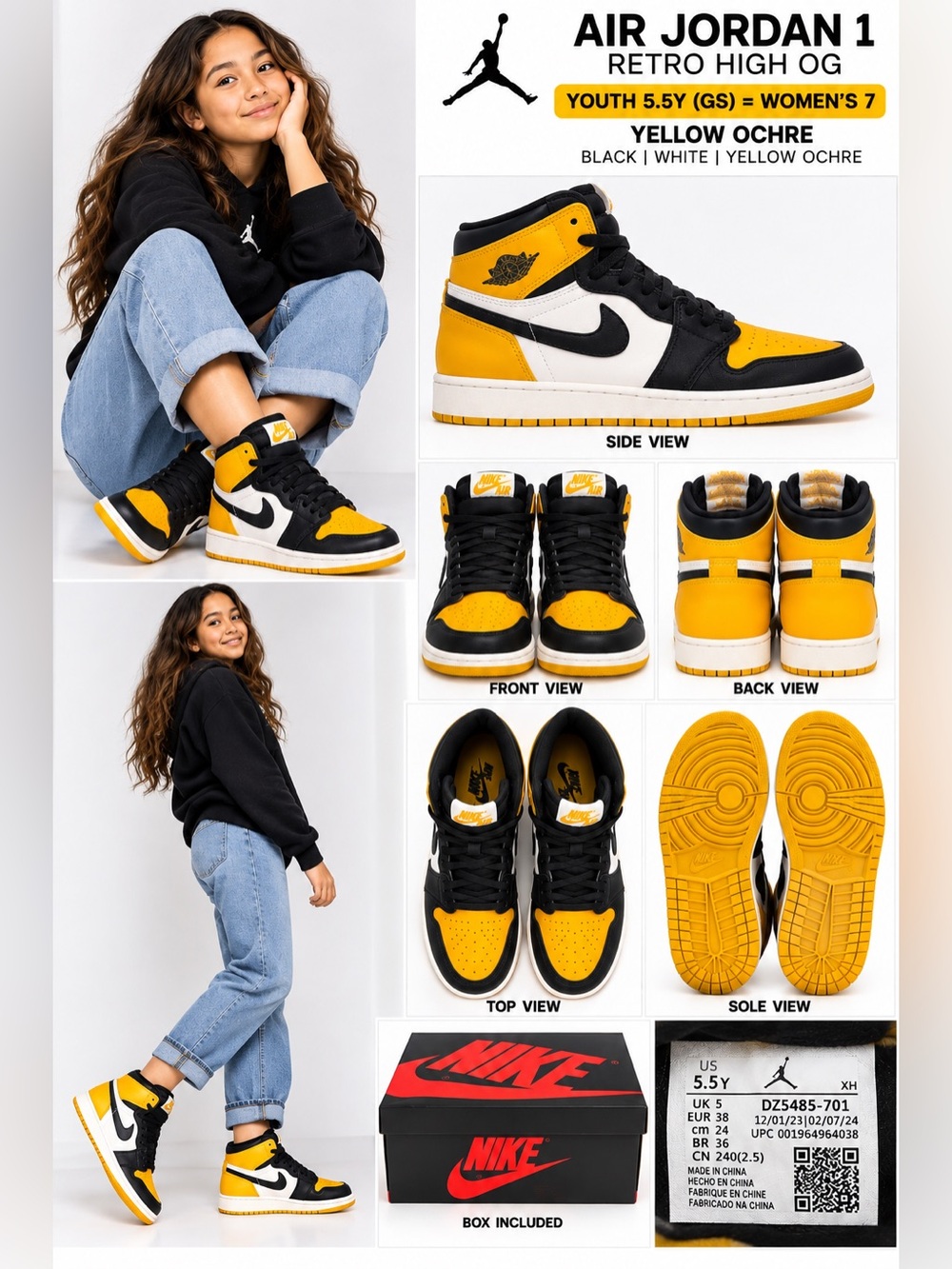 Air Jordan 1 Retro High OG Yellow Ochre GS 5.5Y Women’s 7 DZ5485-701 w/ Box
